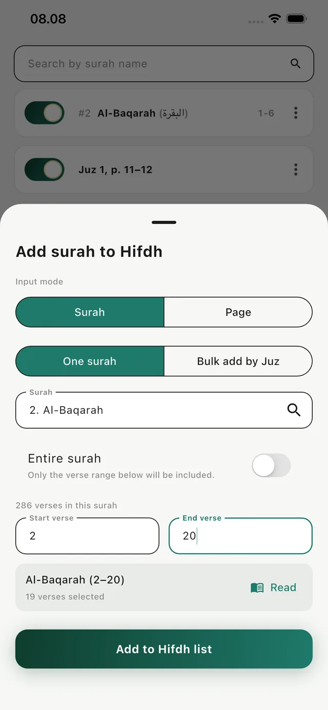 Add by surah or verse range