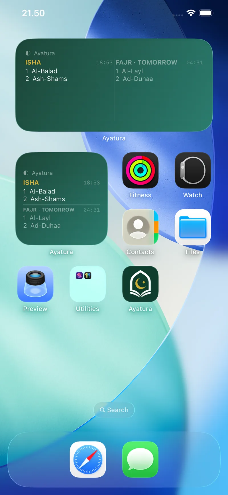 Ayatura widgets on the iPhone home screen